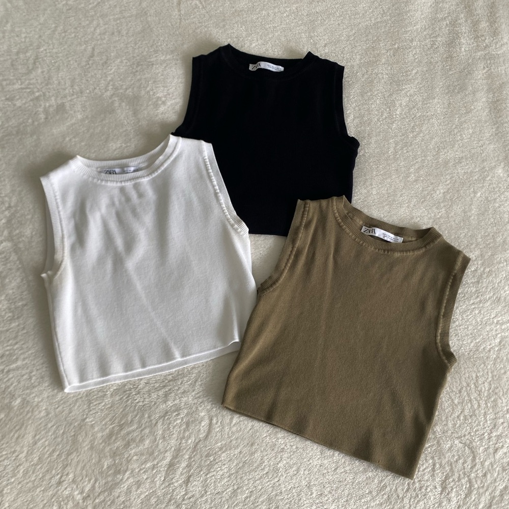 ZARA pack of 3 Women Basic Tank Tops, Black White Green size Medium